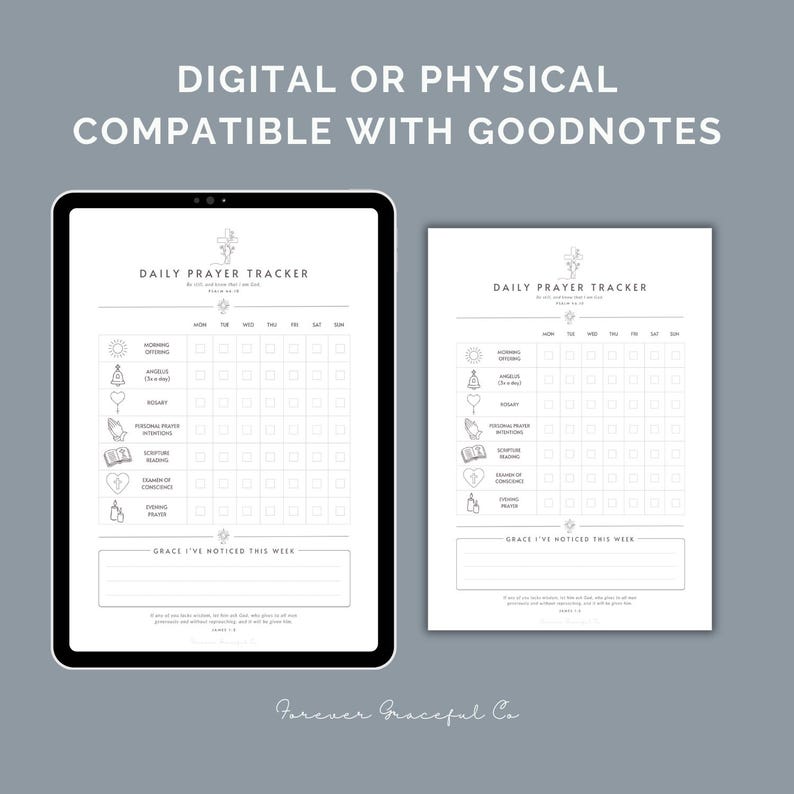 May include: A digital or physical daily prayer tracker template compatible with Goodnotes. The document features a grid for tracking morning offering, Angelus, rosary, prayer intentions, scripture reading, examination of conscience, and evening prayer.