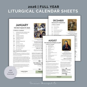 Può includere: Fogli del calendario liturgico del 2026. I fogli presentano i mesi di gennaio, agosto e dicembre. Ogni mese include un calendario liturgico, preghiere quotidiane e un versetto del mese. I fogli del calendario sono disponibili in PDF.