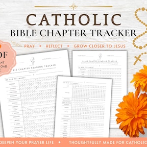 May include: A Catholic Bible chapter tracker printable featuring white sheets with black text, including lists of Old and New Testament books with numbered chapters. The design includes a rosary illustration and orange flowers.
