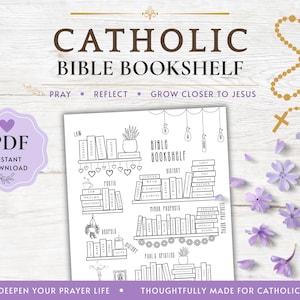 May include: A digital PDF download featuring a black and white line art illustration of a Catholic Bible bookshelf. The graphic includes shelves with labeled book spines, hanging light bulbs, and decorative elements. A gold rosary and purple flowers are visible.