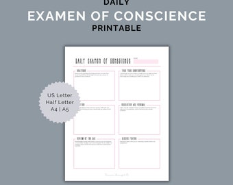 May include: Printable daily examen of conscience worksheet with sections for gratitude, things you are thankful for, actions and words, reflection of the day, and closing prayer.