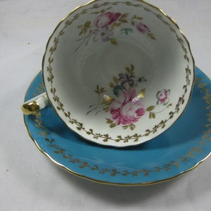 Vintage Aynsley Tea Cup & Saucer Bone China, Teal Blue, Pink roses with gold leafs Made in England