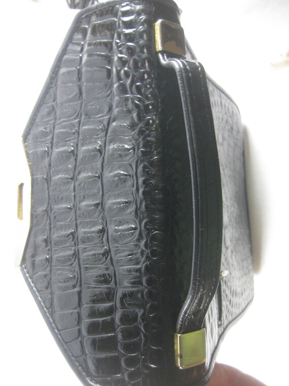 Vintage Black Faux Crocodile and Leather Purse Ha… - image 4