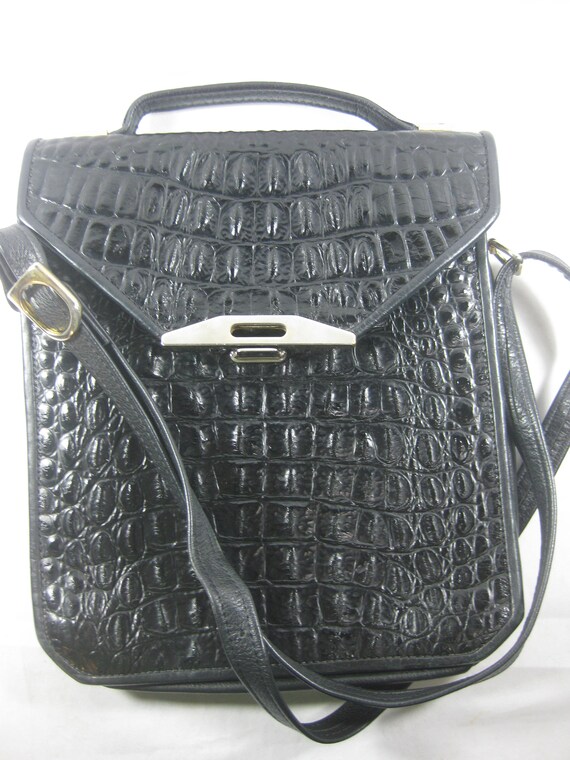 Vintage Black Faux Crocodile and Leather Purse Ha… - image 2