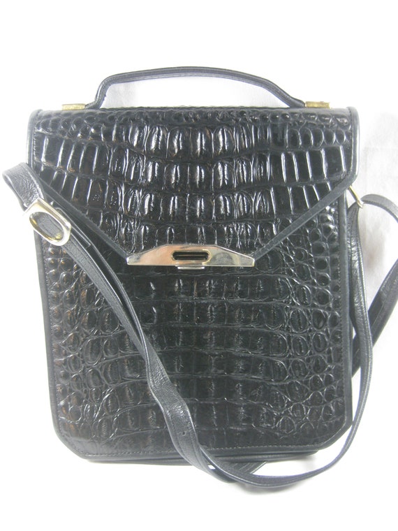Vintage 'Lidia' Black Faux Croc Snake Skin Leather Handbag Purse