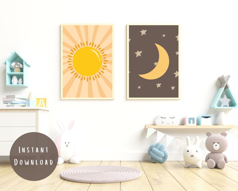 Sun and Moon Nursery Wall Art Printable Set of 2 Sun and Moon Etsy