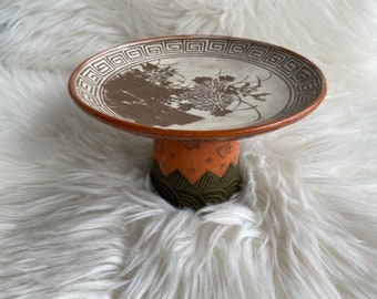 Japanese Art Pottery Orange & Tan Small Pedestal Bowl