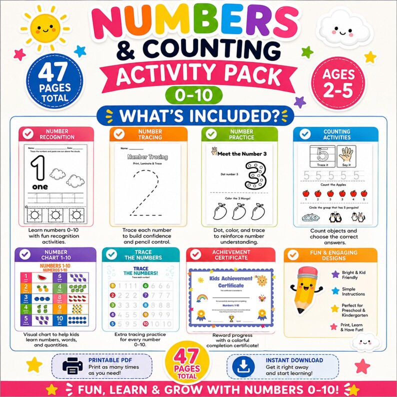 Pack d'activités pour la maternelle sur les nombres de 0 à 10, feuilles ...