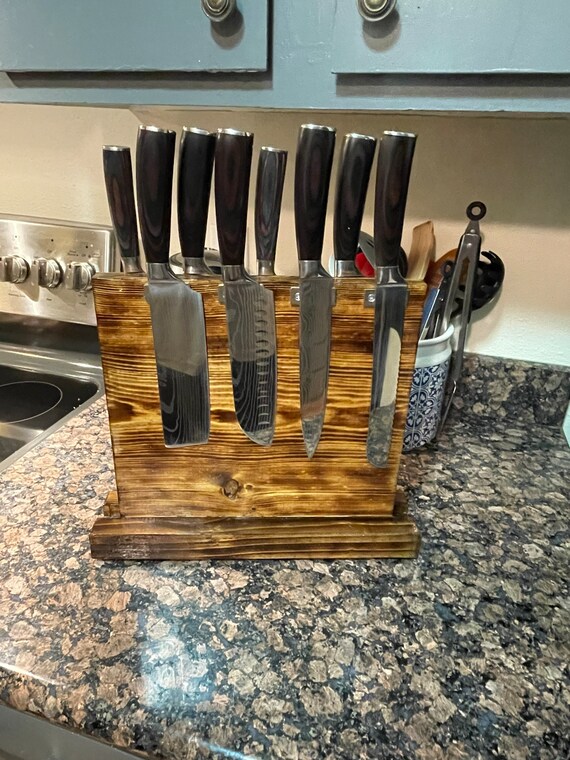 Rustic, Farmhouse, 8 Piece Magnetic Burnt Wooden Knife Block for