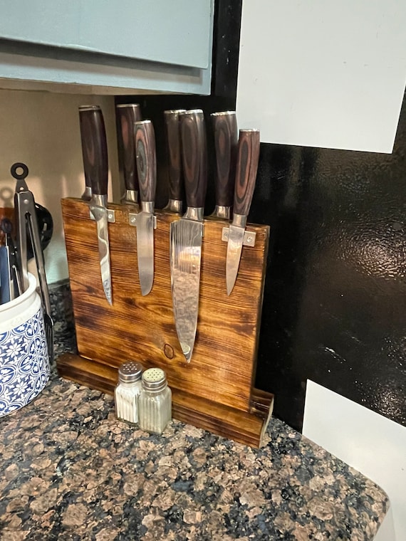 Rustic, Farmhouse, 8 Piece Magnetic Burnt Wooden Knife Block for Home and  Kitchen by Nobullwoodworking 