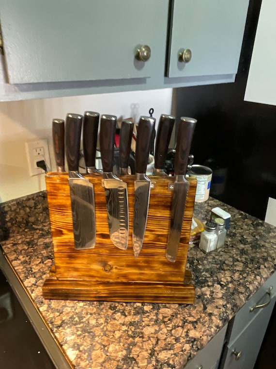 Rustic, Farmhouse, 8 Piece Magnetic Burnt Wooden Knife Block for