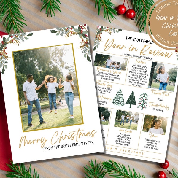 Year in Review Holiday Christmas Card with Christmas Tree Designs, Editable and Printable Digital File, Instant Download, Try Before You Buy