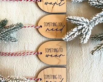 Wood Gift Tags, Something To Tags, Want Need Wear Read, Engraved Keepsake Tags, Personalized, Custom, Wilkewarehouse