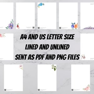 Pode incluir: Um conjunto de 10 modelos de papelaria floral imprimíveis em tamanhos A4 e carta dos EUA. Os modelos estão disponíveis em versões com e sem linhas e são enviados como arquivos PDF e PNG.