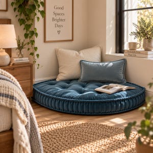 May include: A large, round, tufted floor cushion in a deep blue velvet fabric. The cushion features a thick, pleated side border and is topped with a rectangular blue pillow and a square, textured cream-colored pillow, creating a seating area.