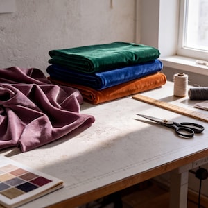 a workspace with various sewing and crafting supplies, including fabric swatches, scissors, and a ruler, arranged on a wooden desk.