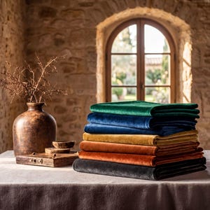 A stack of colorful velvet fabric is placed on a table, with a vase of branches and a wooden box nearby. The table is set against the backdrop of a stone wall and a window, creating a rustic and cozy atmosphere.