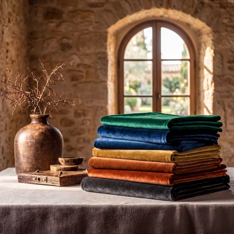 A stack of colorful velvet fabric is placed on a table, with a vase of branches and a wooden box nearby. The table is set against the backdrop of a stone wall and a window, creating a rustic and cozy atmosphere.
