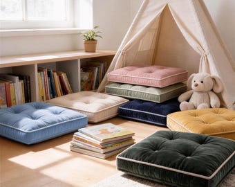 Kindergarten Montessori Reading Nook and Playing Mat, Velvet Tufted Floor Cushion | Kids Reading Nook - Custom Sizes | Classroom Seating