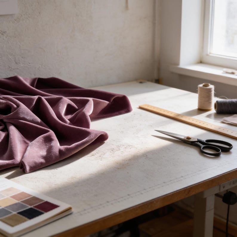 a workspace with a white table, a pair of scissors, a ruler, and a piece of fabric. The fabric appears to be a dark purple color, and the workspace has a window and a white wall in the background.