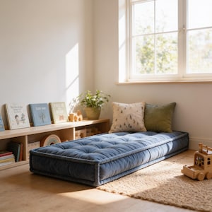 Montessori Mat, Velvet Tufted Floor Cushion | Kids Reading Nook, Custom Sizes, Nursery Playroom Seating