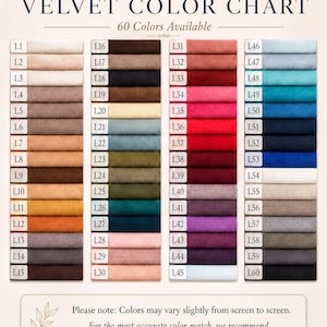 The image is a color chart for velvet fabric, displaying 60 different color options available. The chart provides a visual representation of the various shades and hues of velvet, allowing customers to easily compare and choose the colors that best suit their preferences or needs.