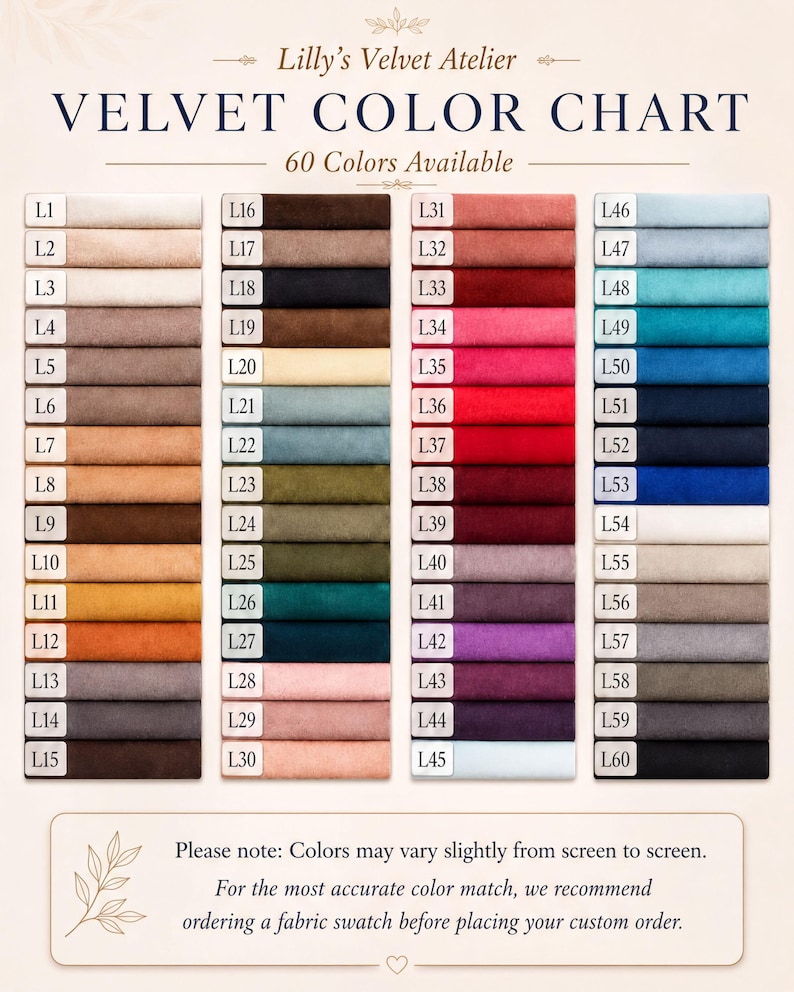 The image is a color chart for velvet fabric, displaying 60 different color options available. The chart provides a visual representation of the various shades and hues of velvet, allowing customers to easily compare and choose the colors that best suit their preferences or needs.