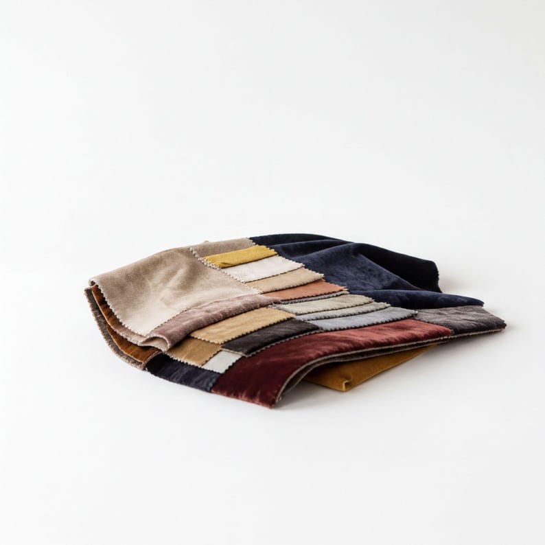 a collection of fabric swatches or samples, each with a different color and pattern, arranged on a white background.