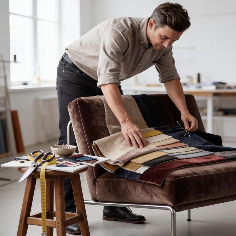 A man is carefully selecting fabric swatches from a chair, surrounded by sewing tools and materials in a well-lit room.