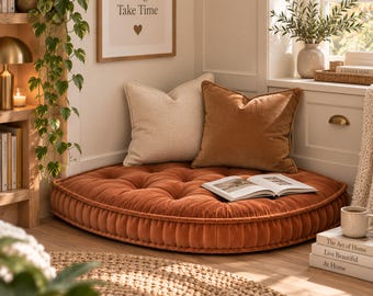 Luxurious Home Decor, Round Corner Cushion - Velvet Tufted Floor Lounger, Large Custom Sizes, 4–5 Inches