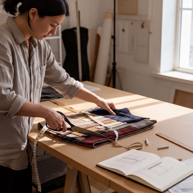 A woman is working on a sewing project at a table, surrounded by fabric swatches and sewing tools.