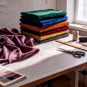 A workspace with a stack of colorful velvet fabric, a pair of scissors, and a ruler on a wooden table.