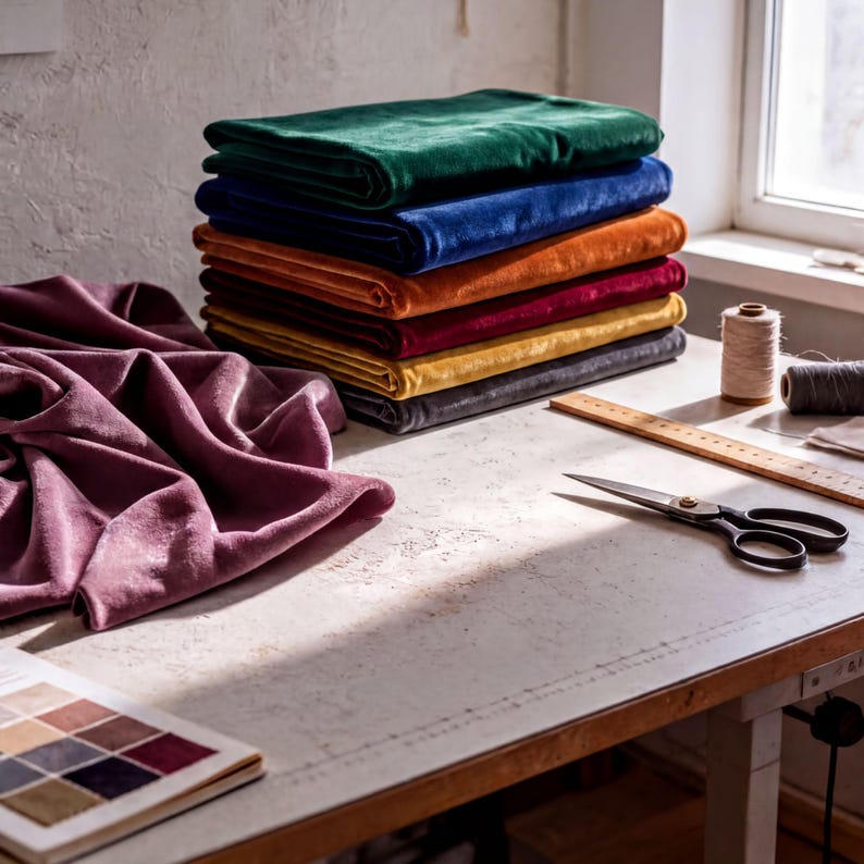 A workspace with a stack of colorful velvet fabric, a pair of scissors, and a ruler on a wooden table.
