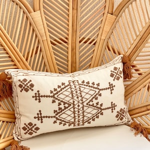 Organic Cotton CUSHION COVER - 30x50 Lumbar - Hand Embroidered and Tassels Framed Tenochca - Cream Brown Cactus Silk Inspired by BaliGypsie