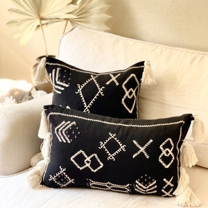 Handmade Cotton CUSHION COVER - 30x50 Lumbar - Hand Embroidered and Tassels Aztec Moroccan - Black Cactus Silk Inspired - by Bali Gypsie