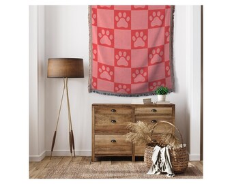 Paw Print Woven Throw, 50in x 60in, Pink and Red Blanket, Bright Dog Throw Blanket, Dog Lover Gift, Pet Owner Gift, Gift for Dog Owner