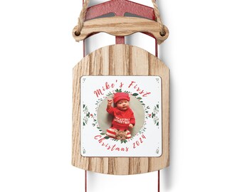 Baby's First Christmas 2024 Custom Sled Ornament, Personalized Baby Ornament, Sled Ornament, Baby Gift for New Parents, Holiday Decoration