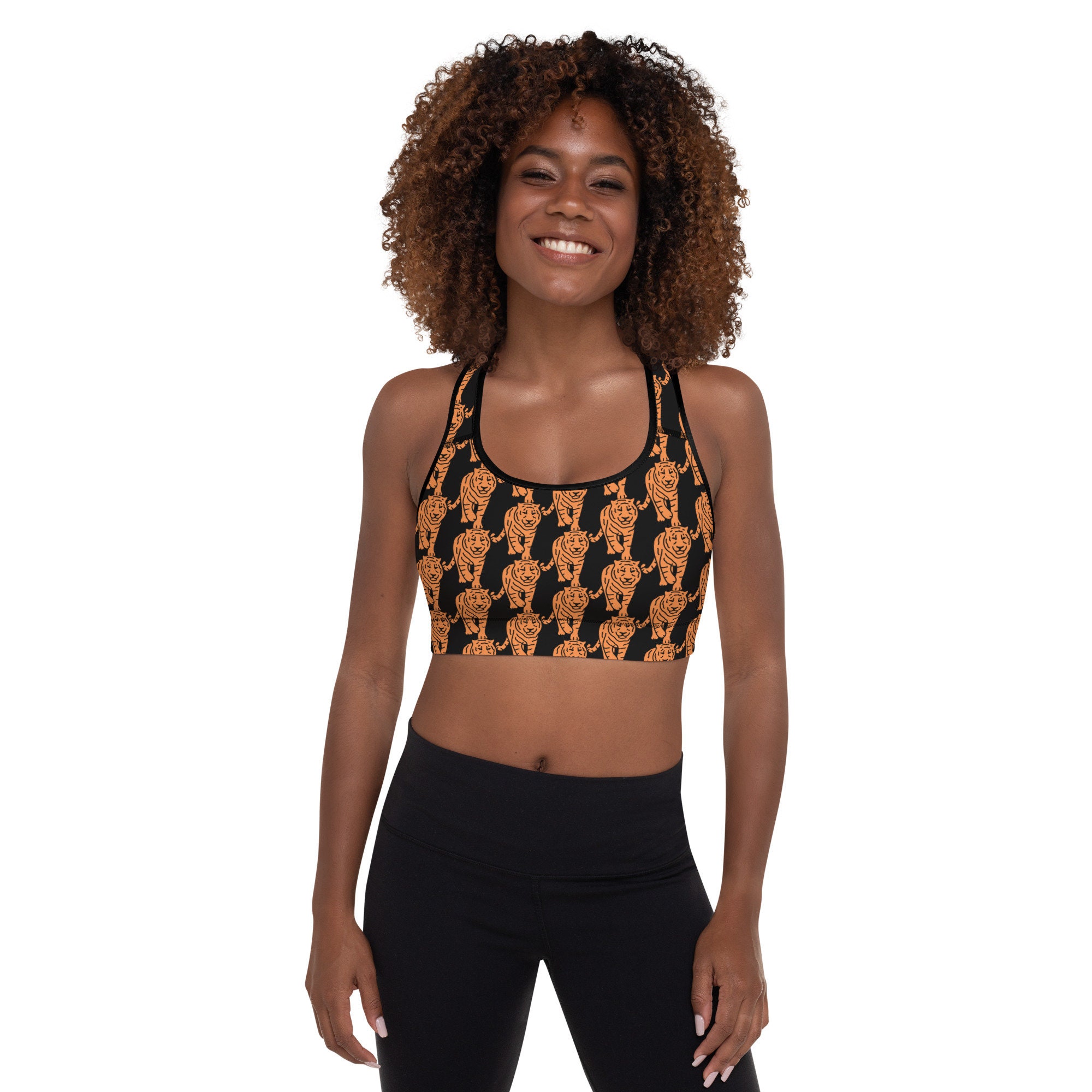Brown Tiger Stripe Sports Bra, Women's Animal Print UnPadded Yoga Bra-Made  in USA/EU