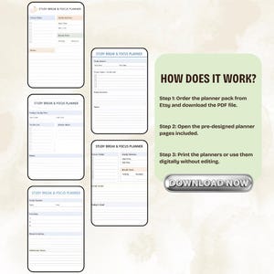 May include: A digital study planner pack with multiple pages, including focus tasks, study sessions, and break activities. The image also includes instructions on how to download and use the planner, with a "Download Now" button.