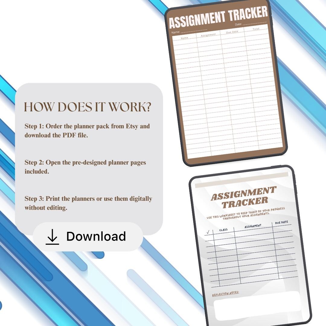 Academic Assignment Tracker PDF PNG Student Homework Log Project ...