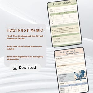 May include: Digital planner pages with a Revision Schedule and Active Learning & Revision Planner. The Revision Schedule includes sections for subject, time, and task. The Active Learning planner has study goals and key topics to review. The image also includes instructions on how to download the planner.