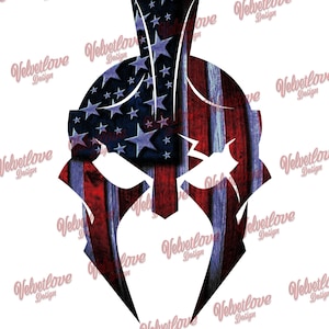 May include: A red, white, and blue American flag design in the shape of a Spartan helmet. The flag is distressed and has a wood grain texture.