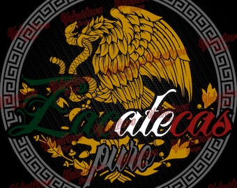 May include: A black and white graphic design featuring a stylized eagle with a snake in its beak. The eagle is surrounded by a green, white, and red wreath and a gray Greek key border. The text "Aztecas puro" is written in white and red letters below the eagle.