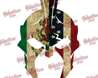 May include: A Spartan helmet silhouette with the American flag on the right side and the Mexican flag on the left side. The flags are distressed and have a vintage look.