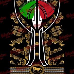 Puede incluir: Diseño de prenda negra con detalles florales dorados y contorno blanco. Presenta un diseño central con tres botones dorados y un emblema de caballo. El diseño incluye elementos verdes y rojos.