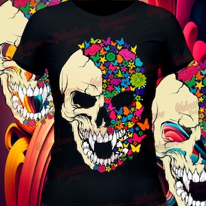 Vampierschedel met bloemen en vlinders gekleurde SVG,PDF,PNG,Ai,Svg,Dxf. Perfect om te snijden met vinyl, sublimatie, dtf of dtg.