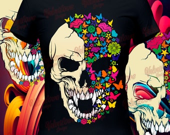 Vampire Skull with flowers and butterflies colored SVG,PDF,PNG,Ai,Svg,Dxf. Perfect to cut with vinyl, sublimation, dtf or dtg.