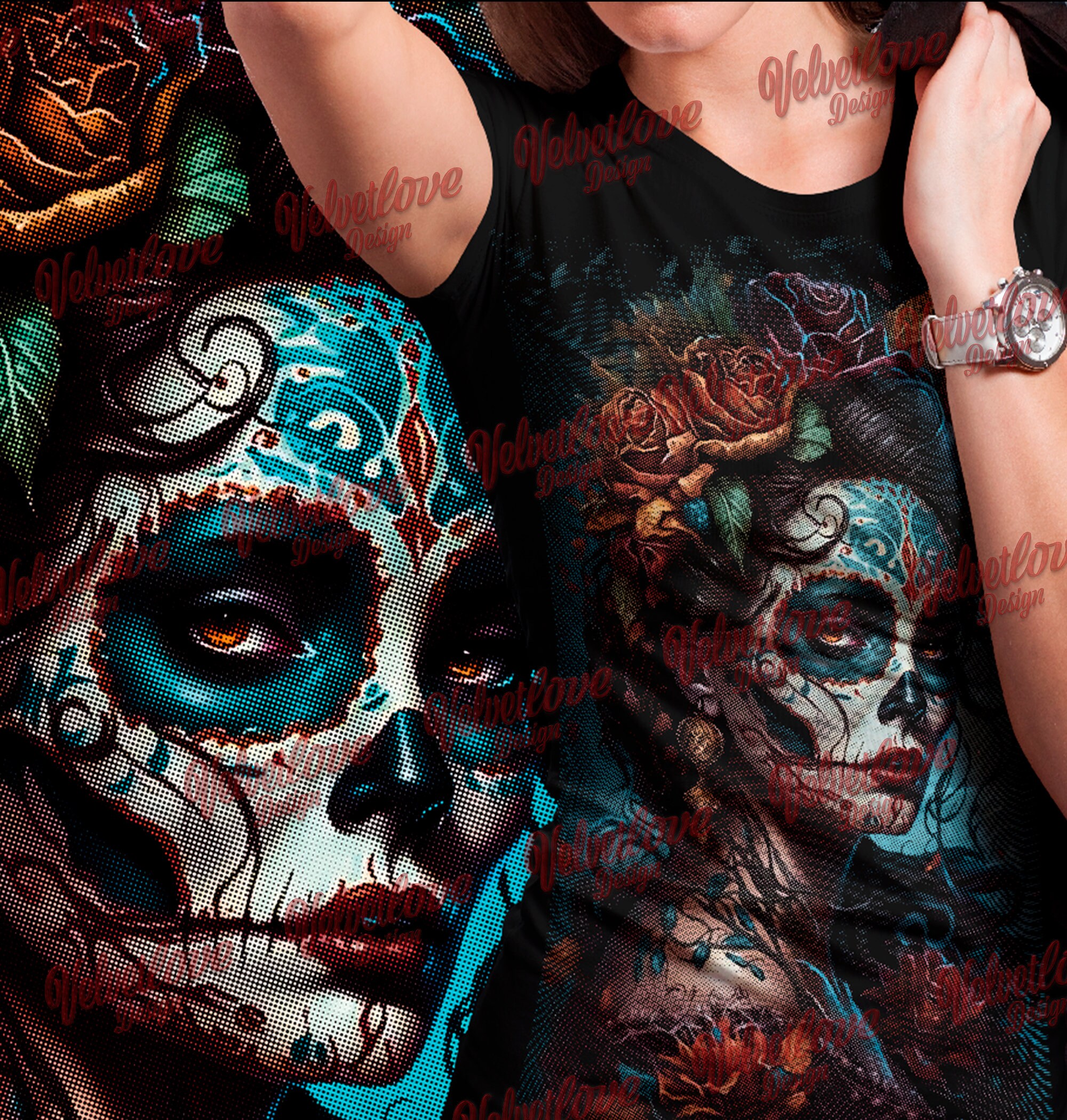 Catrina 1 PNG for dtg or dtf. 13X19 and 12x15 IN, HALFTONE only black shirt