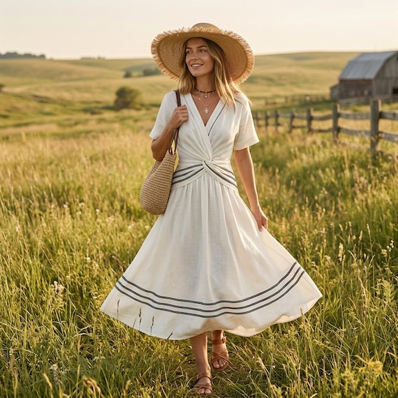Cream Midi Dress, Striped Linen-blend Gown, Vintage Style Summer Outfit, Casual Elegant Dress