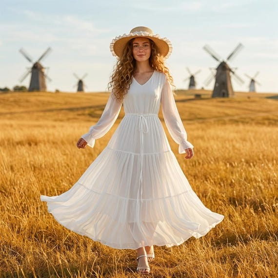Classic White Tiered Maxi Dress | Ethereal Chiffon Summer Gown | Dreamy Bohemian Long-sleeve Dress | Handcrafted Artisan Resort Wear